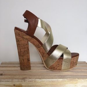Chinese Laundry Gold Strappy Platform Cork Sandals